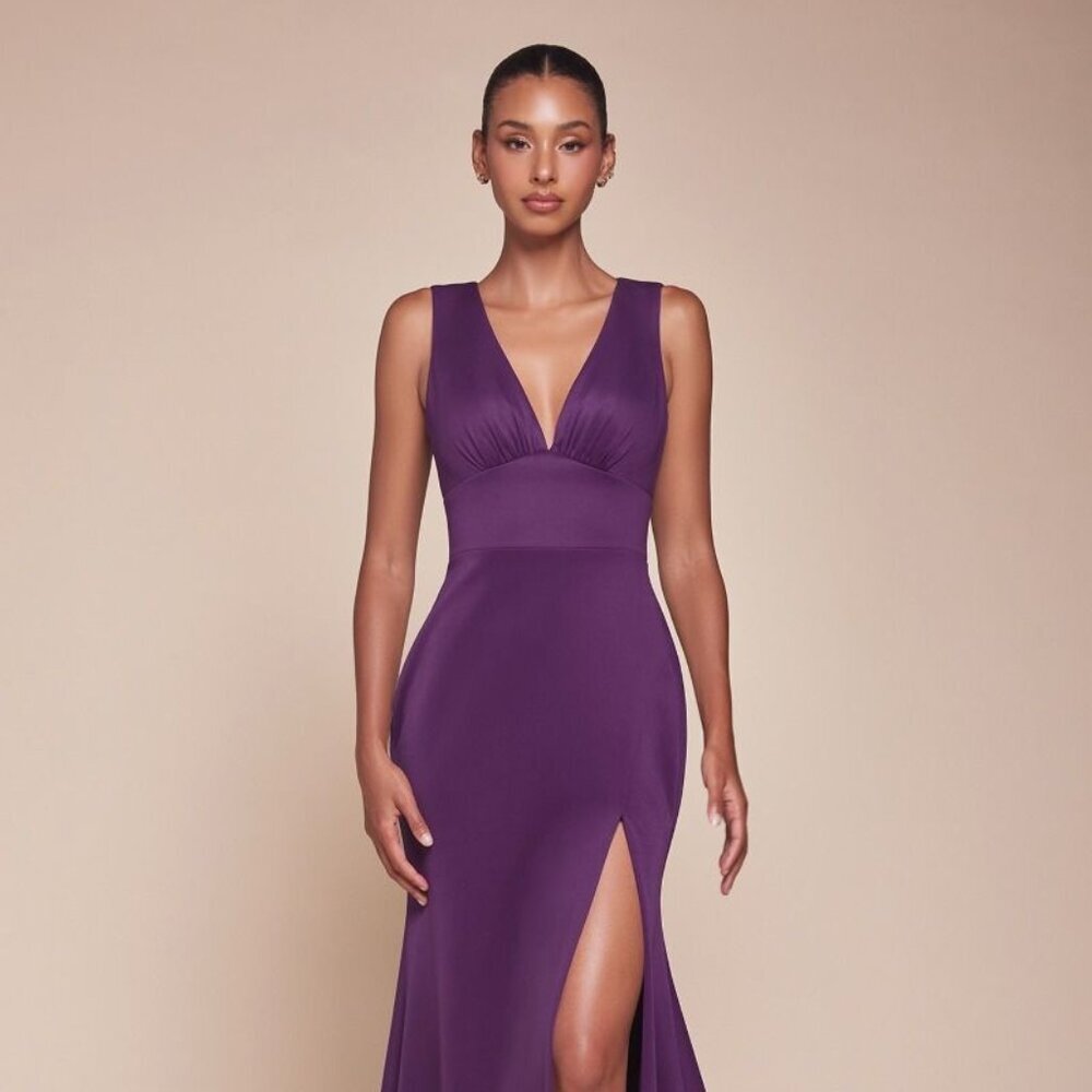NEW FORMAL MAXI SLEEVELESS SHEATH SOLID V-NECK DRESS W/ HIGH LEG SLIT CD CH395